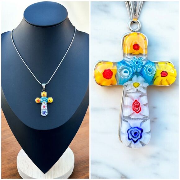 Millefiori Glass Cross Colorful Stainless Steel silver Pendant Chain Necklace - Picture 1 of 5